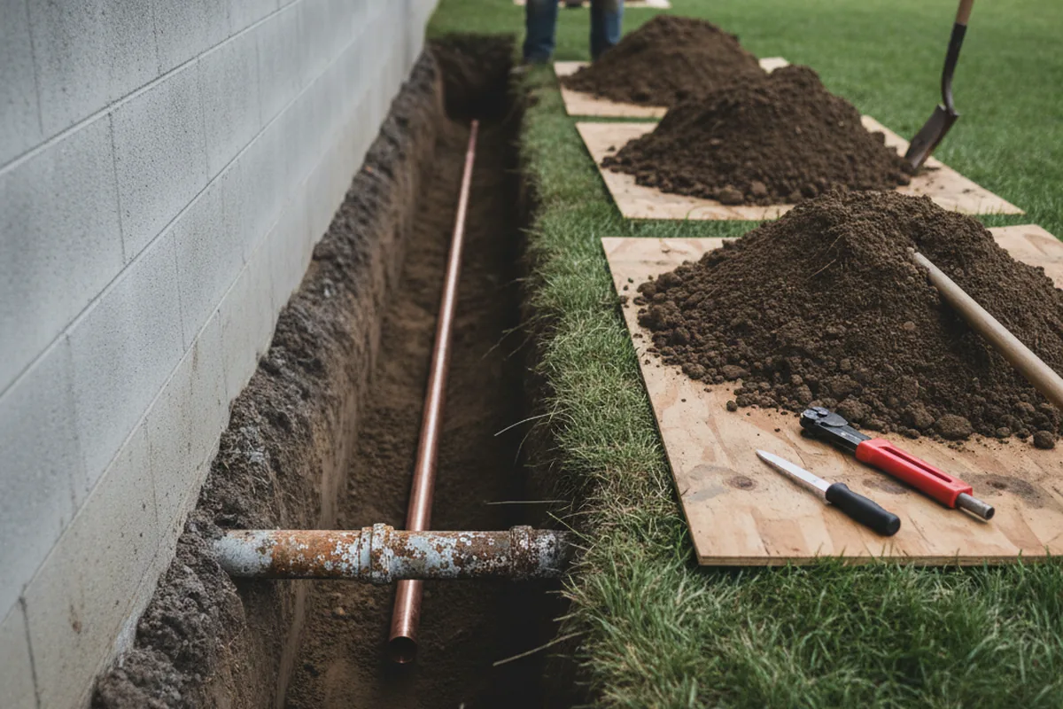 Excavated water line trench during Sewer Line Repair in Buckeystown